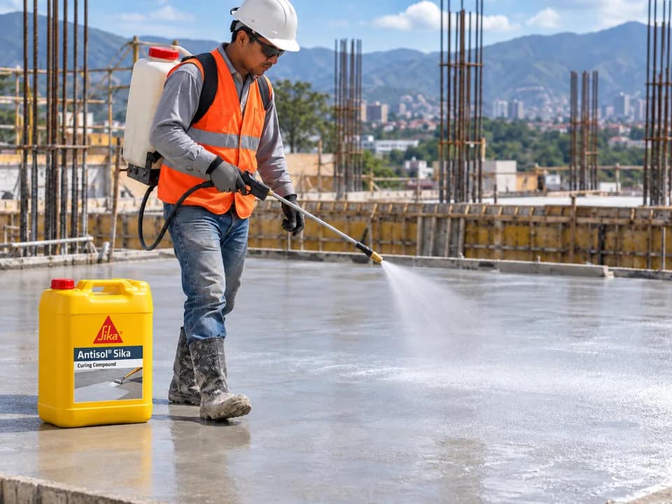 Obrero aplicando compuesto de curado Sika sobre concreto fresco