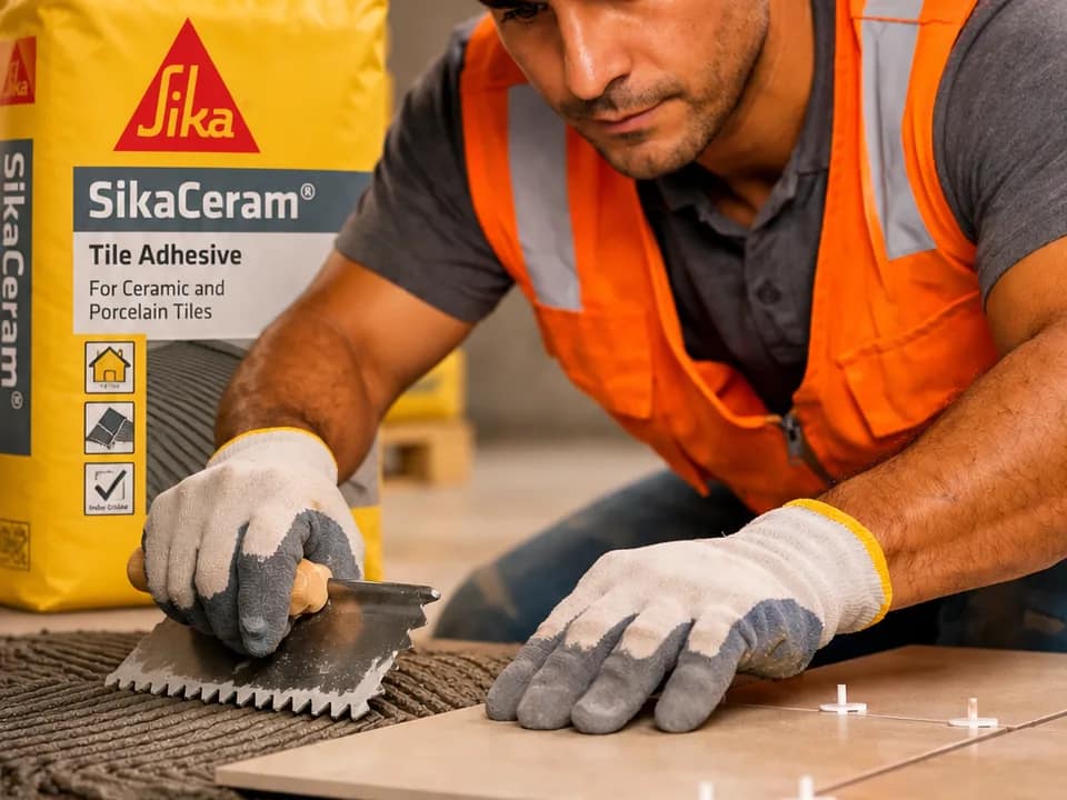 Obrero extendiendo adhesivo Sika con llana dentada para instalar cerámica