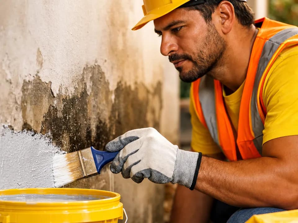 Obrero aplicando un tratamiento protector Sika sobre un muro exterior
