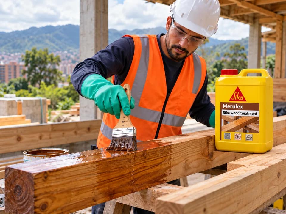 Obrero aplicando tratamiento protector Sika con brocha sobre madera