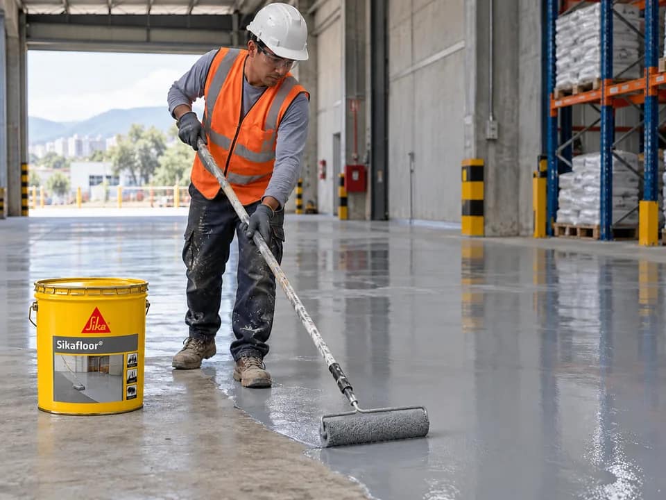 Obrero aplicando recubrimiento Sika con rodillo sobre un piso de concreto