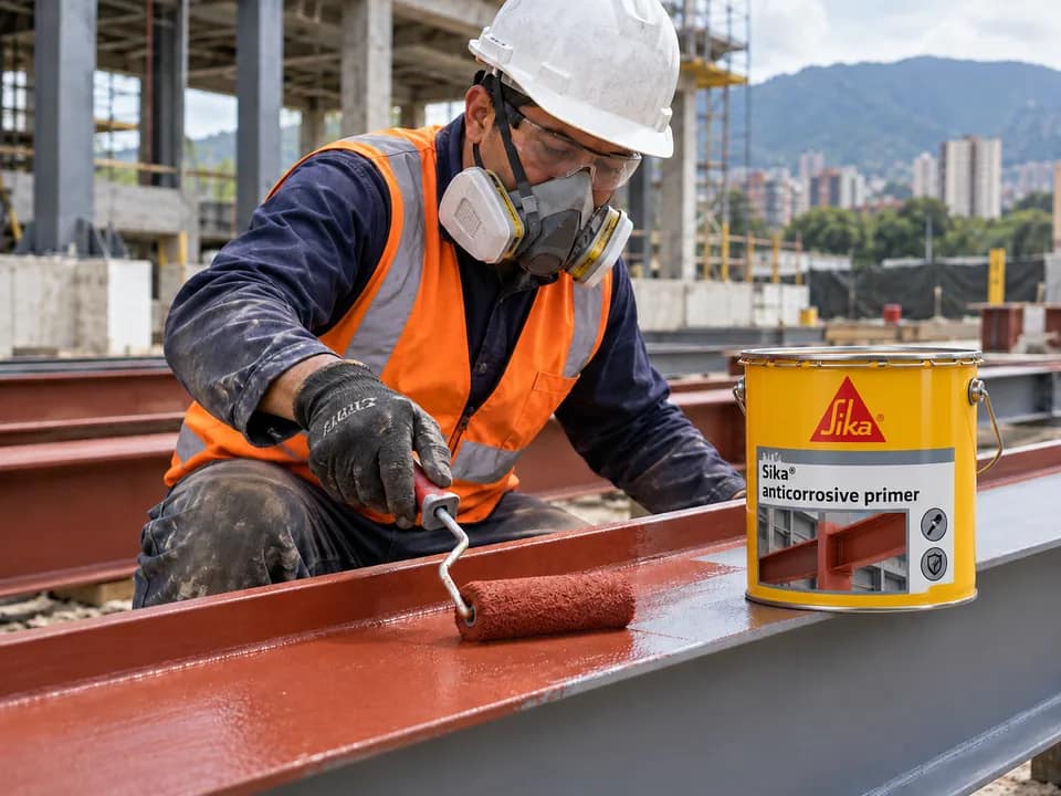 Obrero aplicando imprimación anticorrosiva Sika sobre una estructura metálica