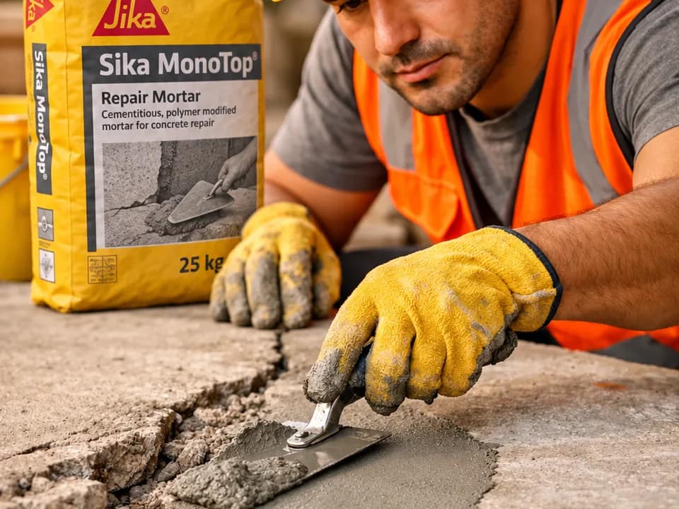 Obrero aplicando mortero Sika para reparar una superficie de concreto