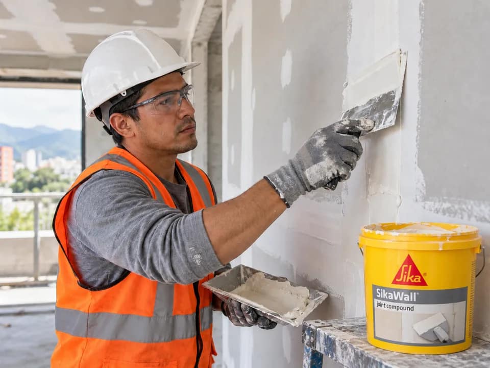 Obrero aplicando masilla Sika sobre las juntas de placas de drywall