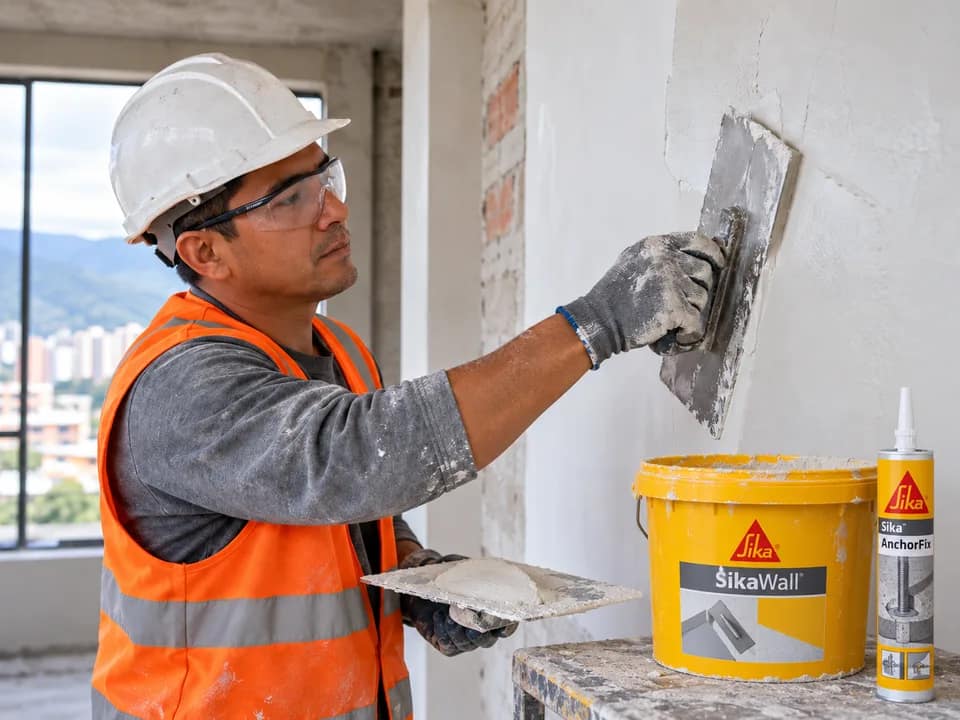 Obrero aplicando estuco Sika con llana sobre un muro interior